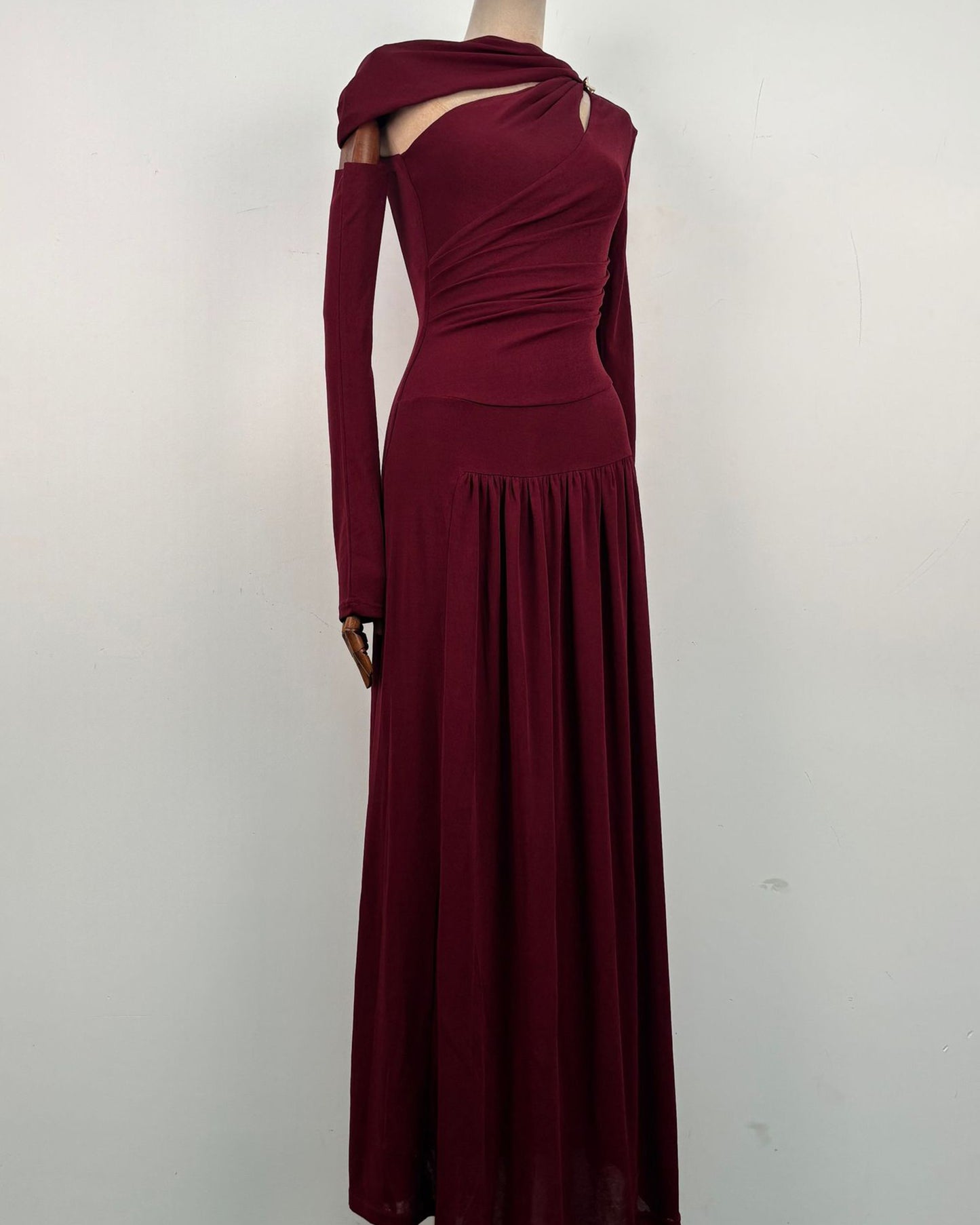 Red Asymmetric Cutout Ruched Maxi Dress