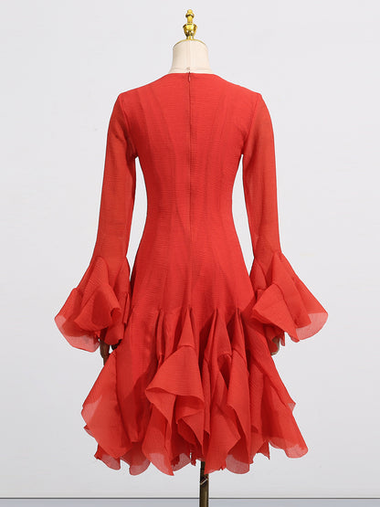 Red Bell Sleeve Ruffled Long Dress with Button Front