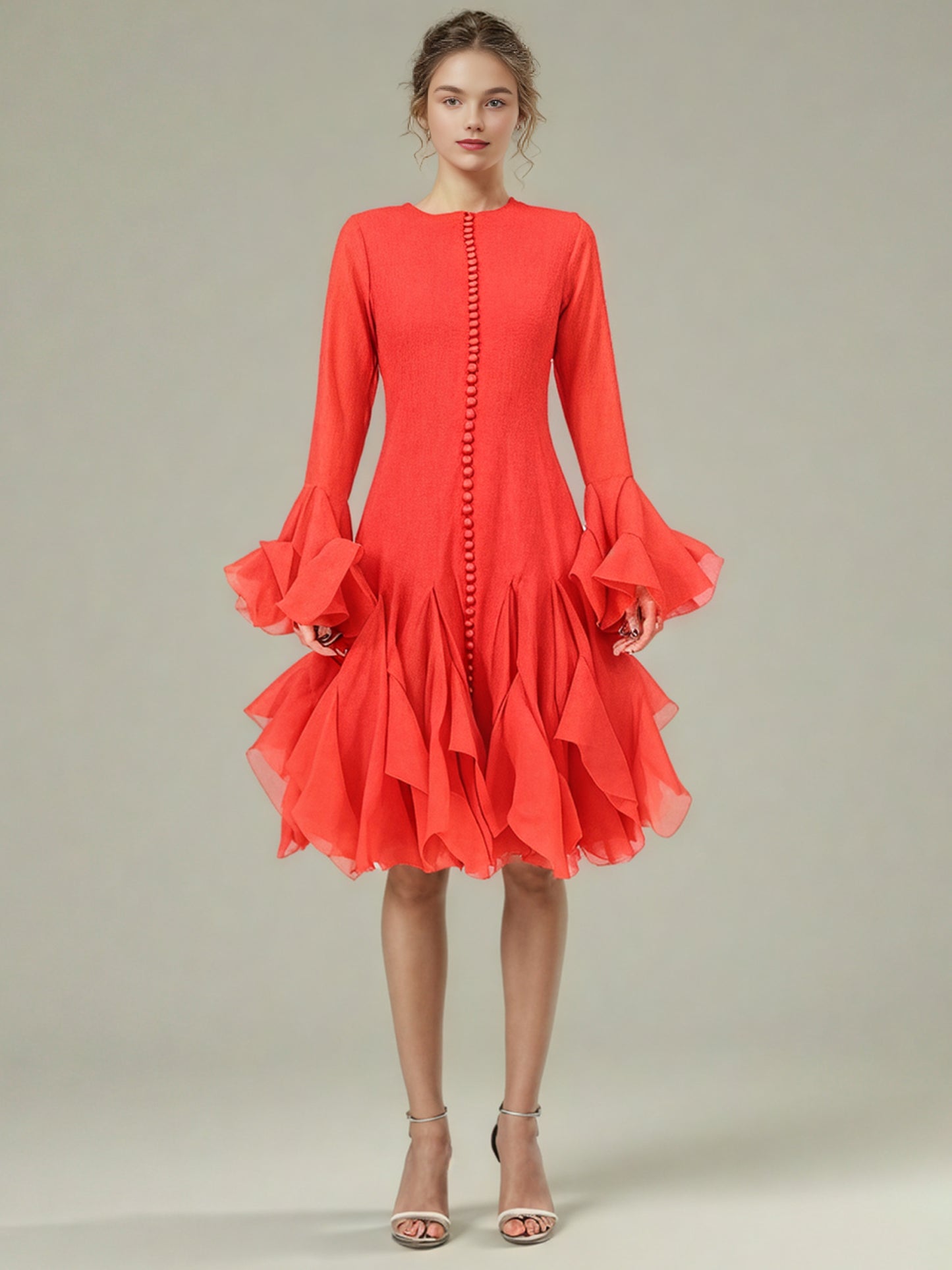 Red Bell Sleeve Ruffled Long Dress with Button Front