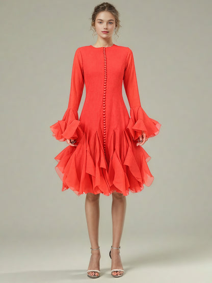 Red Bell Sleeve Ruffled Long Dress with Button Front