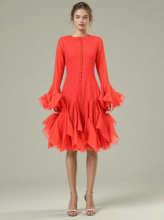 Red Bell Sleeve Ruffled Long Dress with Button Front