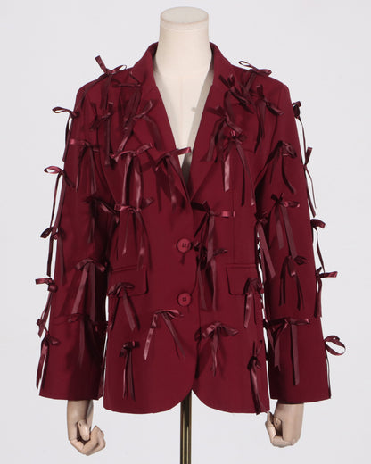 Red Blazer with Satin Bow Embellishments