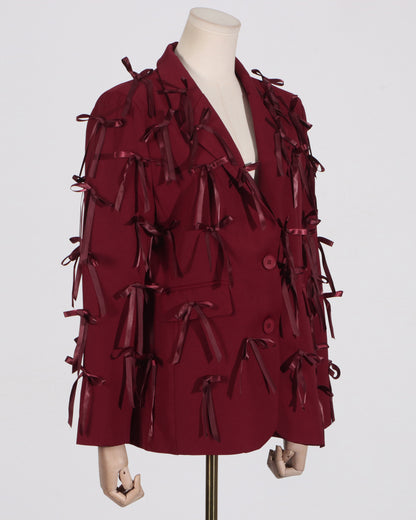 Red Blazer with Satin Bow Embellishments