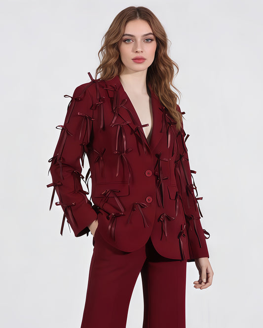 Red Blazer with Satin Bow Embellishments