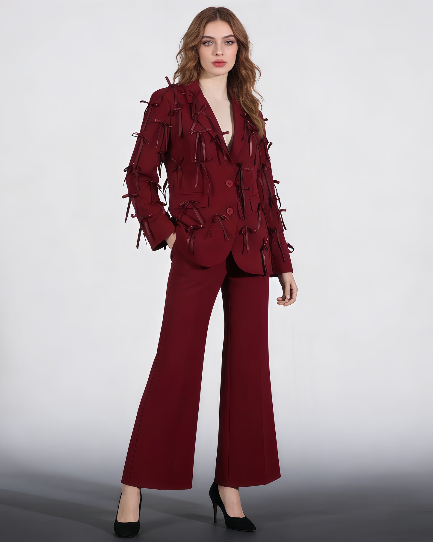 Red Blazer with Satin Bow Embellishments