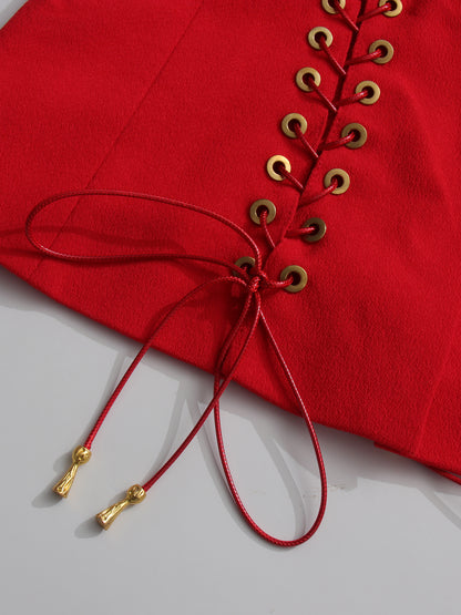 Red Blazer with Unique Button & Drawstring Detailing