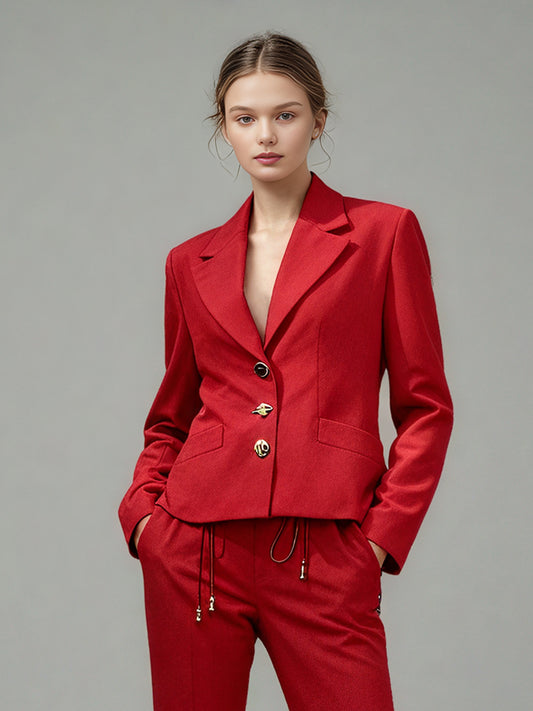 Red Blazer with Unique Button & Drawstring Detailing