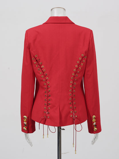 Red Blazer with Unique Button & Drawstring Detailing