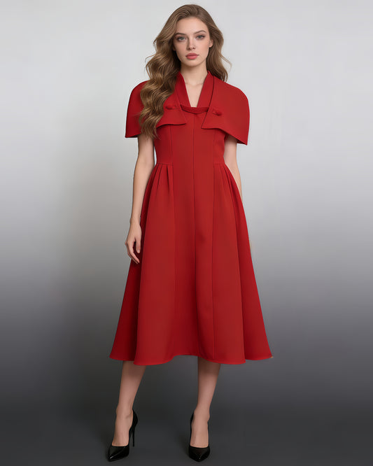 Red Cape-Style Fitted Flare Midi Dress