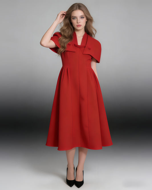 Red Cape-Style Fitted Flare Midi Dress