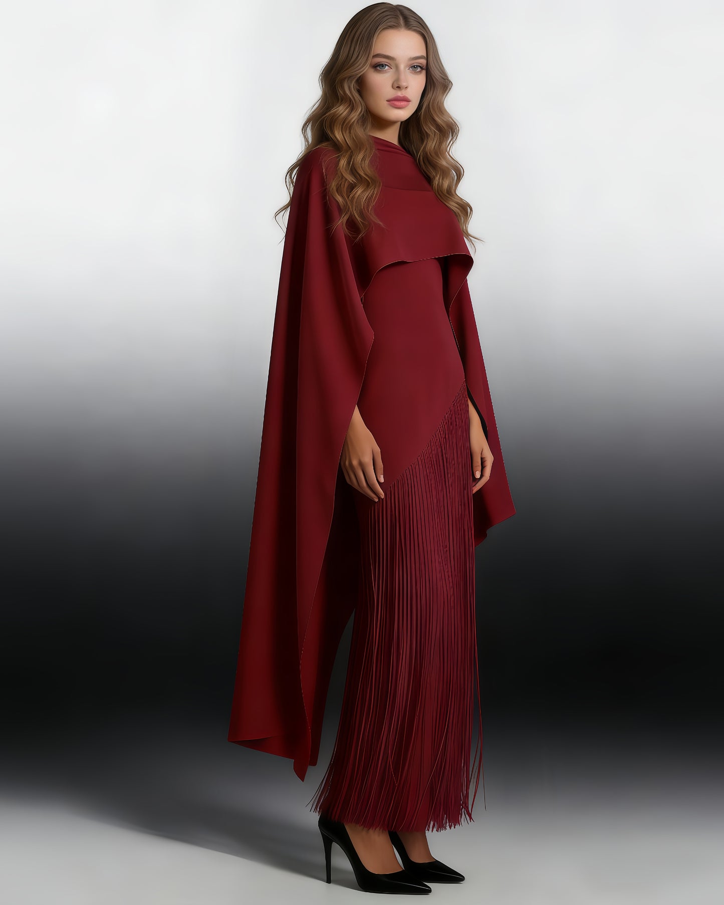 Red Cape Overlay Fringed Maxi Dress