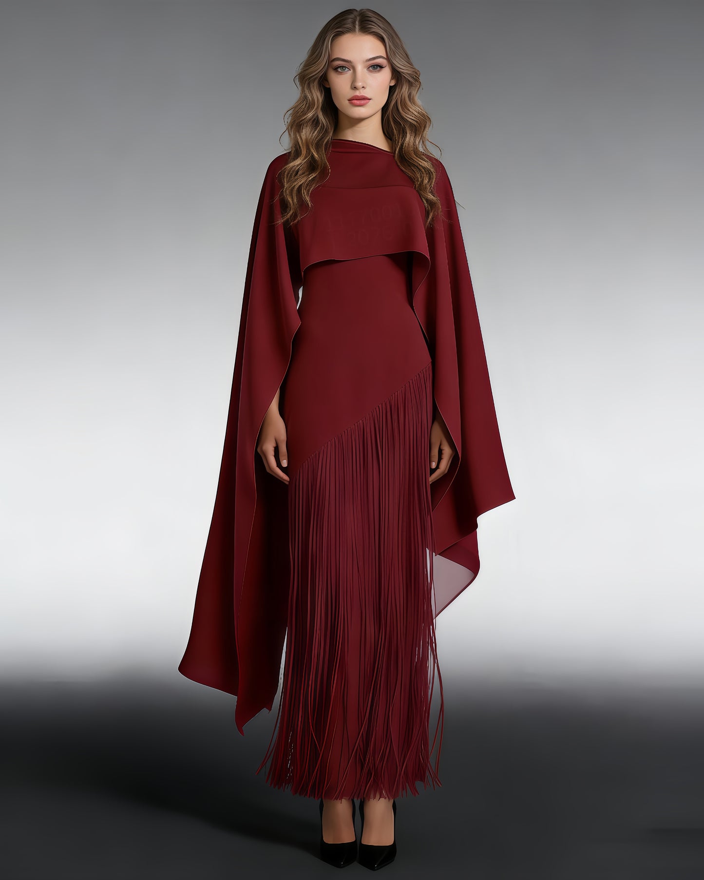 Red Cape Overlay Fringed Maxi Dress