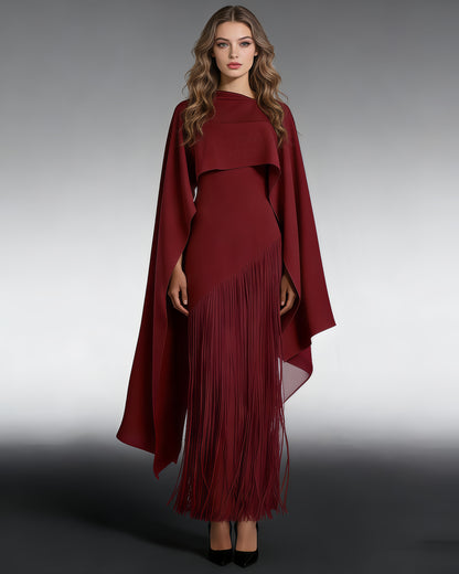 Red Cape Overlay Fringed Maxi Dress