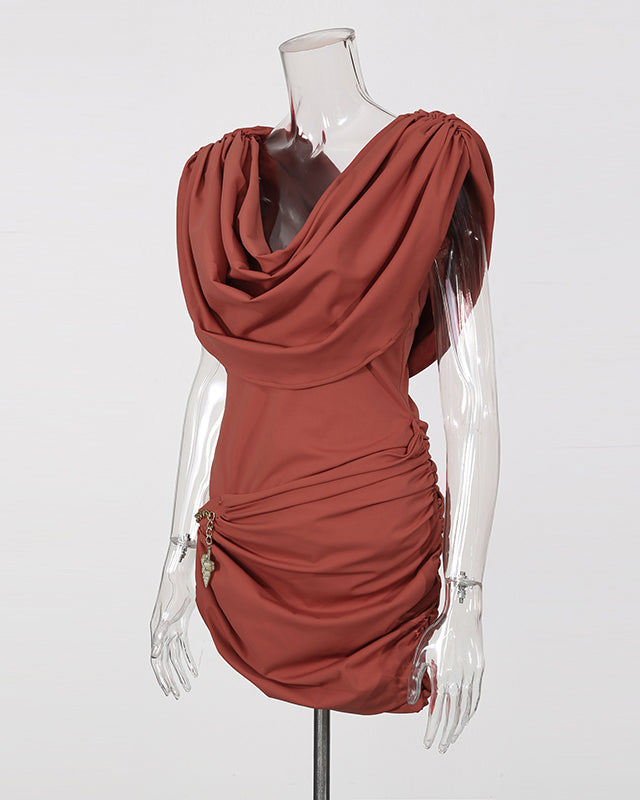 Red Collar Ruched Mini Dress With Metal Chain