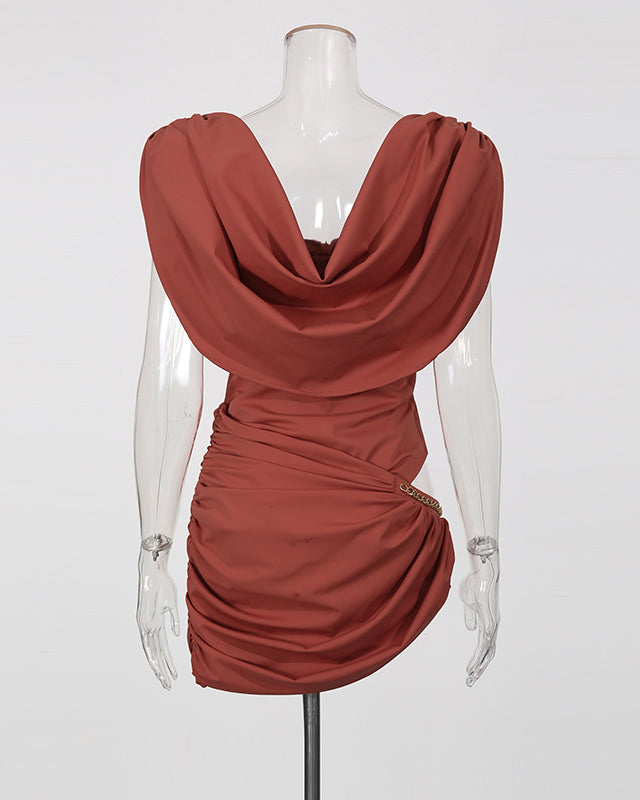 Red Collar Ruched Mini Dress With Metal Chain