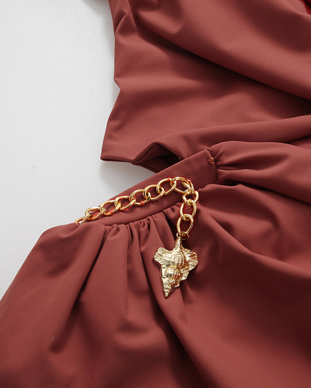 Red Collar Ruched Mini Dress With Metal Chain