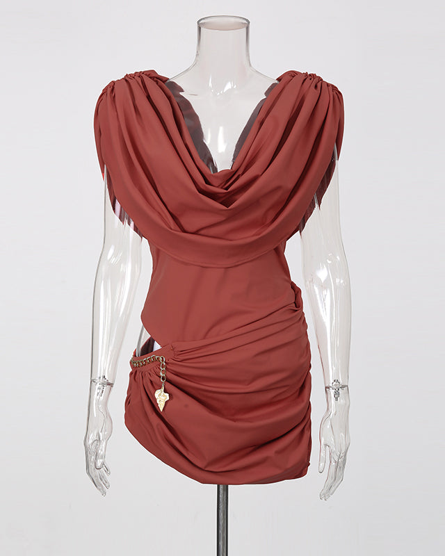 Red Collar Ruched Mini Dress With Metal Chain