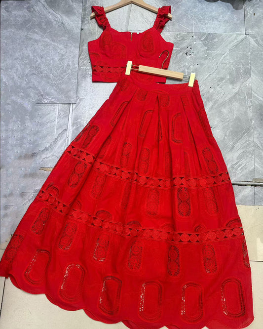 Red Cropped Top & Lace Maxi Skirt Set