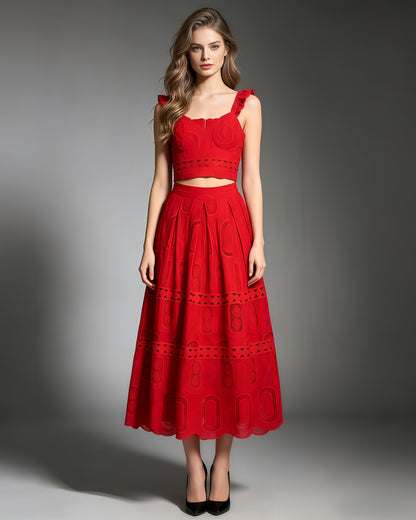 Red Cropped Top & Lace Maxi Skirt Set