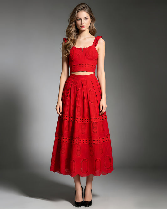 Red Cropped Top & Lace Maxi Skirt Set