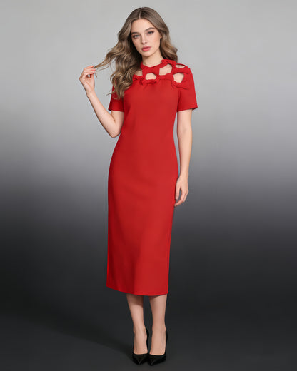 Red Cutout Neckline Midi Dress