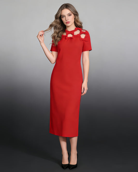 Red Cutout Neckline Midi Dress