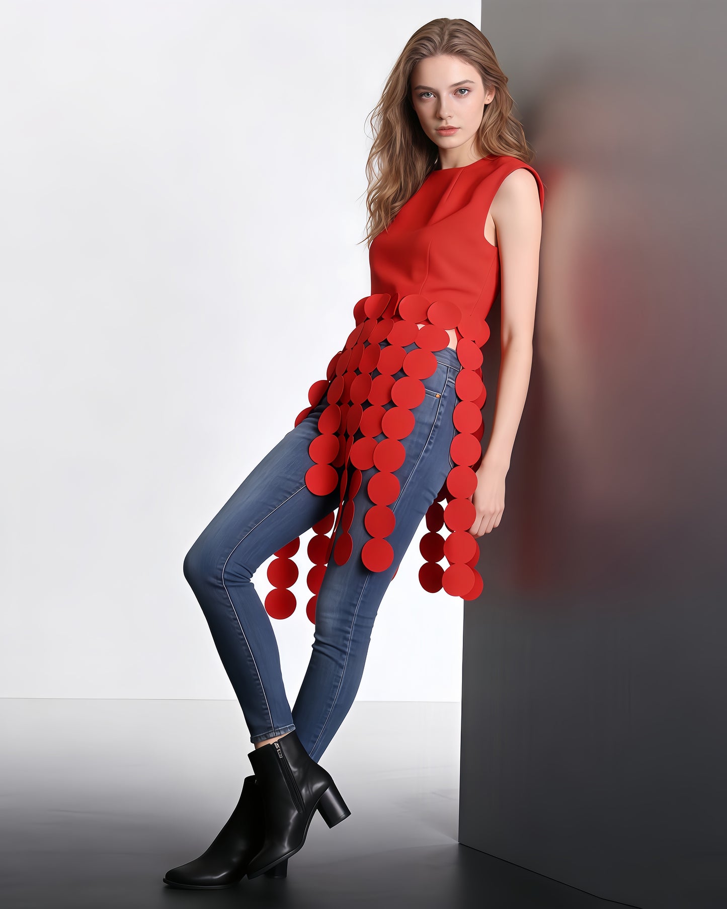 Red Disc Fringe Asymmetric Vest