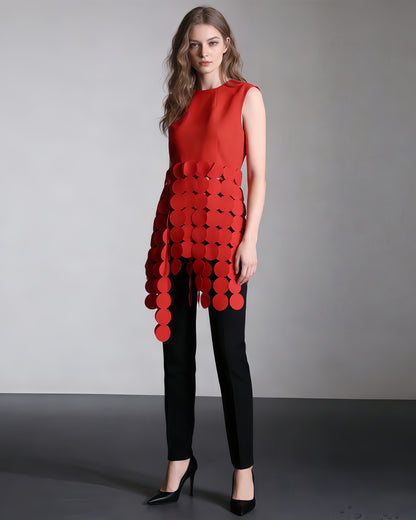 Red Disc Fringe Asymmetric Vest