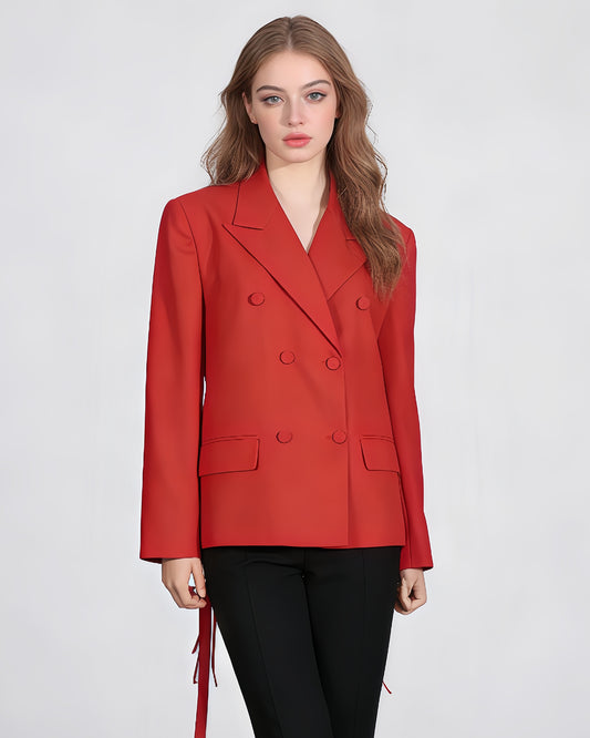 Red Double-Breasted Blazer Back Tassels