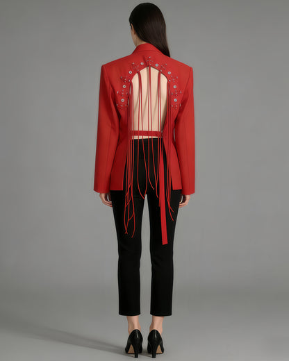 Red Double-Breasted Blazer Back Tassels