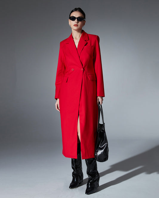 Red Double-Breasted Longline Blazer Coat