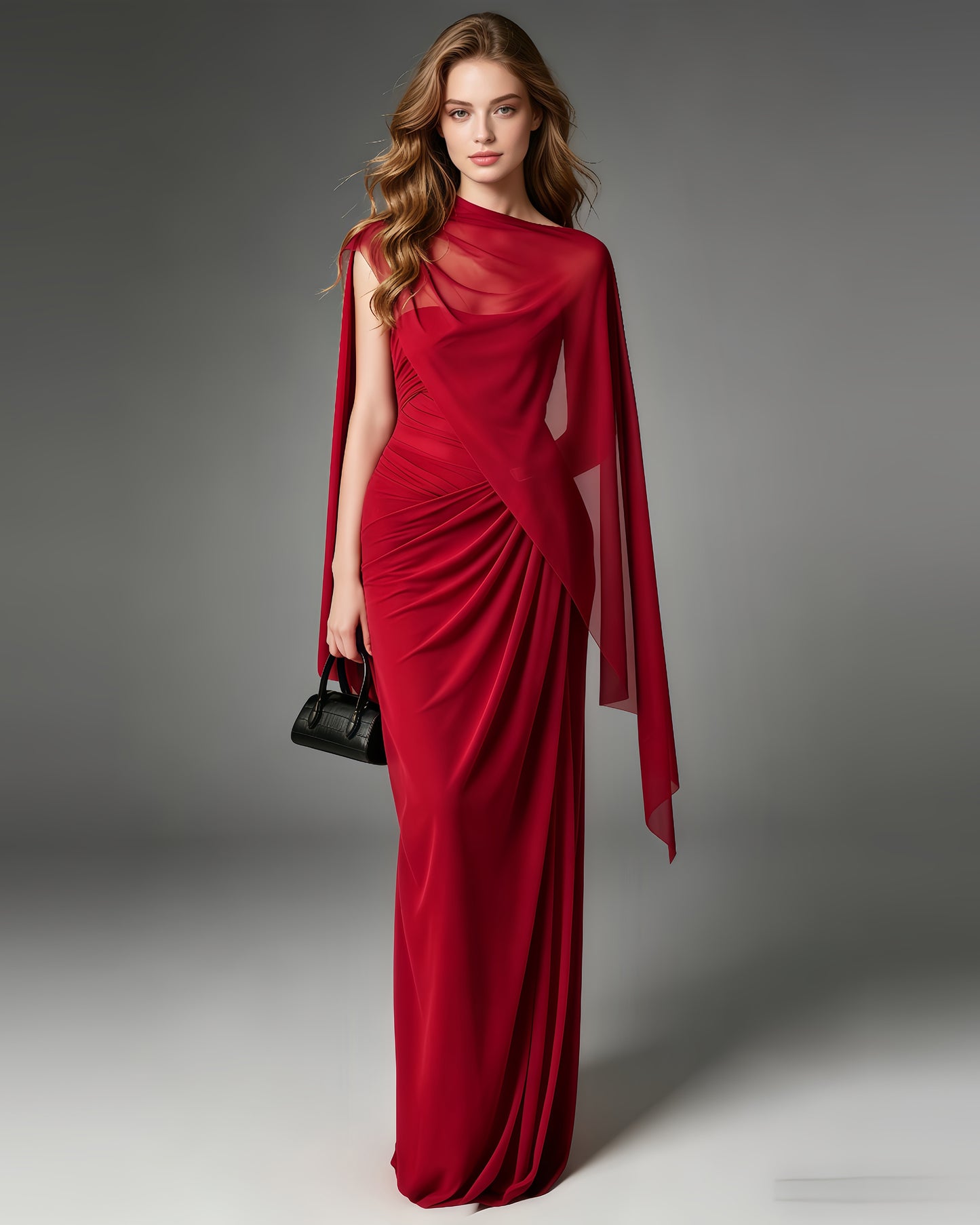 Red Draped Chiffon Cape Evening Gown