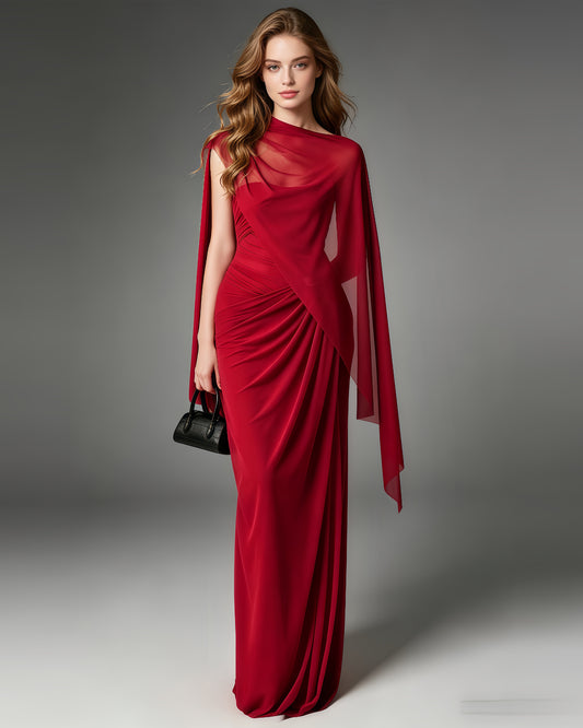 Red Draped Chiffon Cape Evening Gown