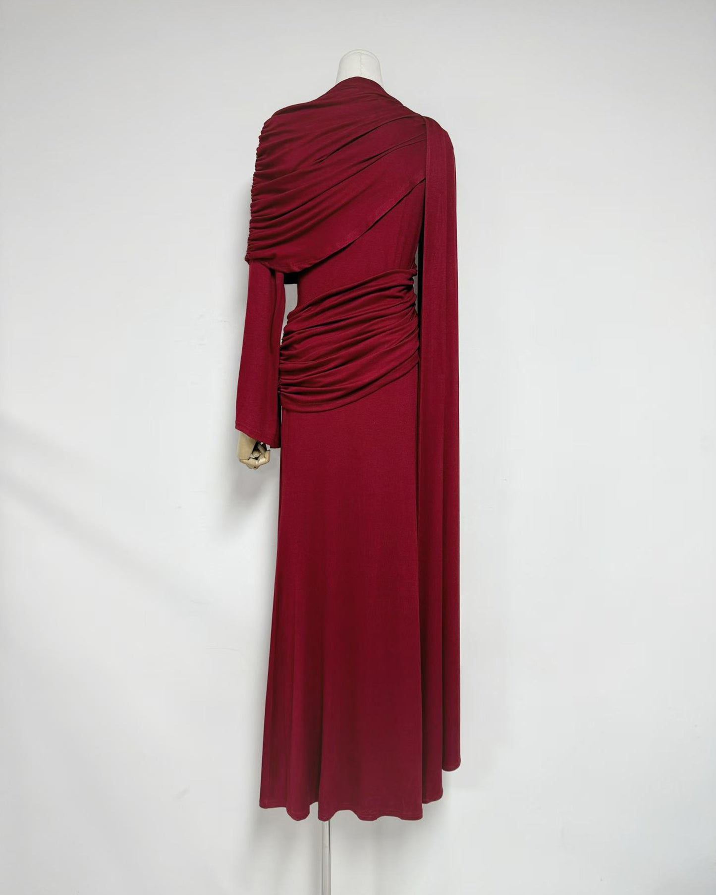 Red Draped Fold Cape Sleeve Maxi Dress