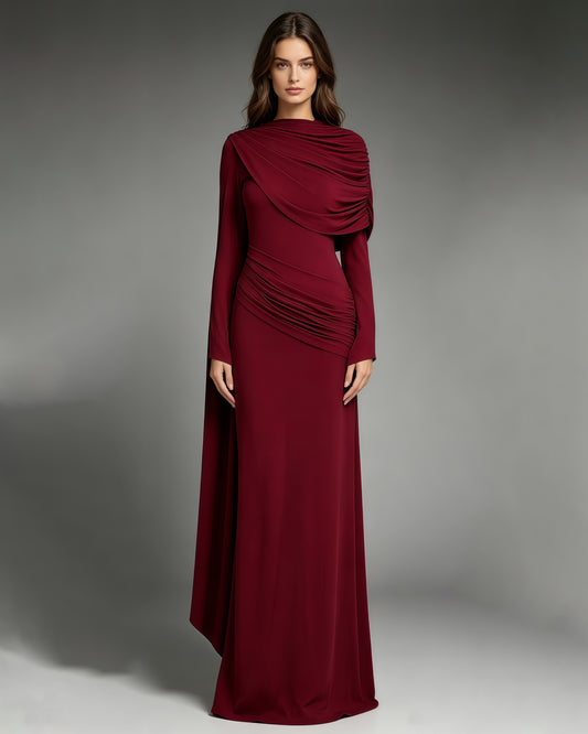 Red Draped Fold Cape Sleeve Maxi Dress