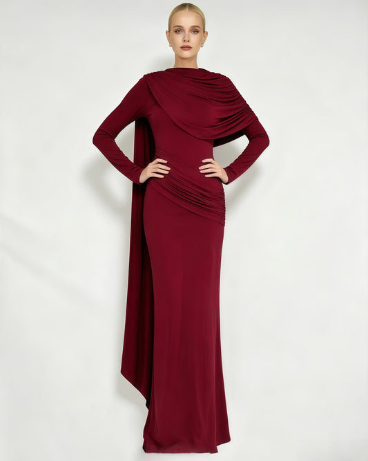Red Draped Fold Cape Sleeve Maxi Dress