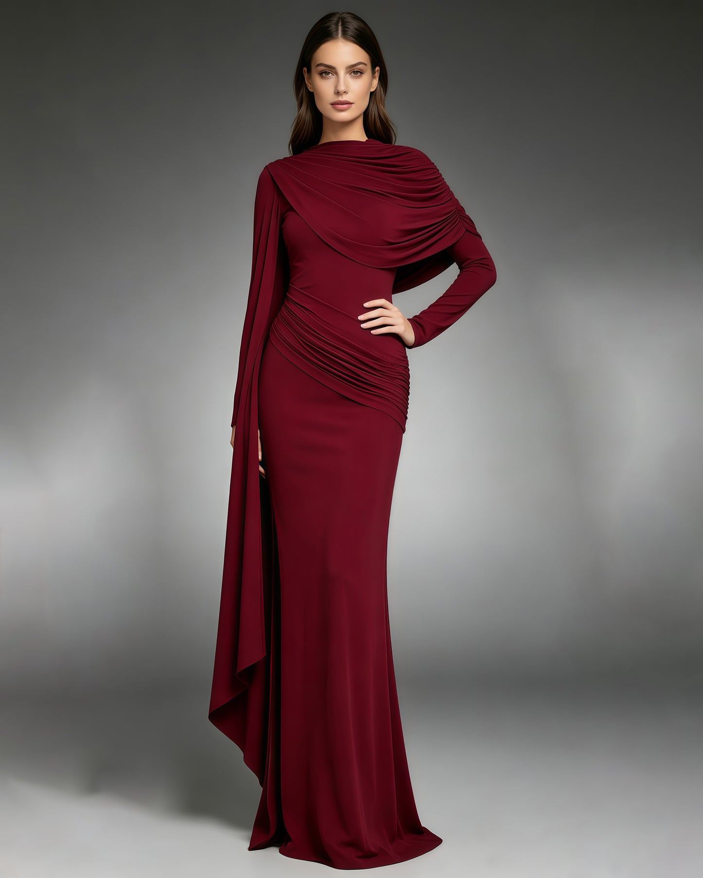 Red Draped Fold Cape Sleeve Maxi Dress