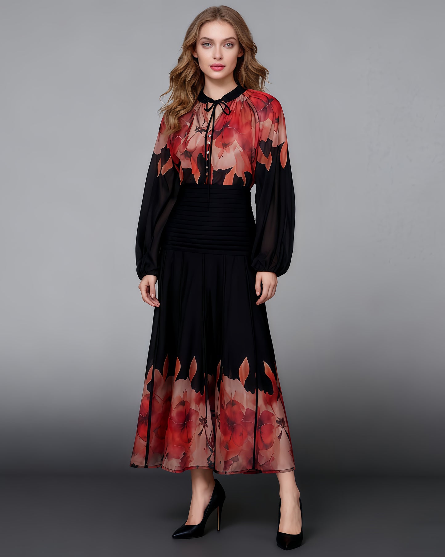 Red Floral Blouse & Black Maxi Skirt Set