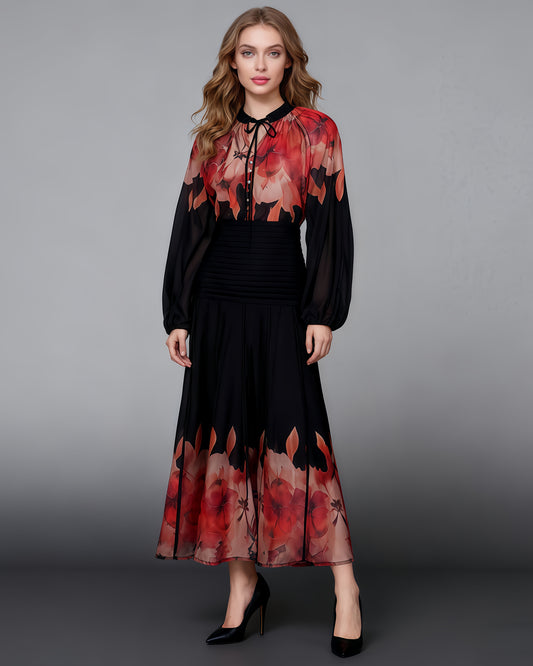 Red Floral Blouse & Black Maxi Skirt Set