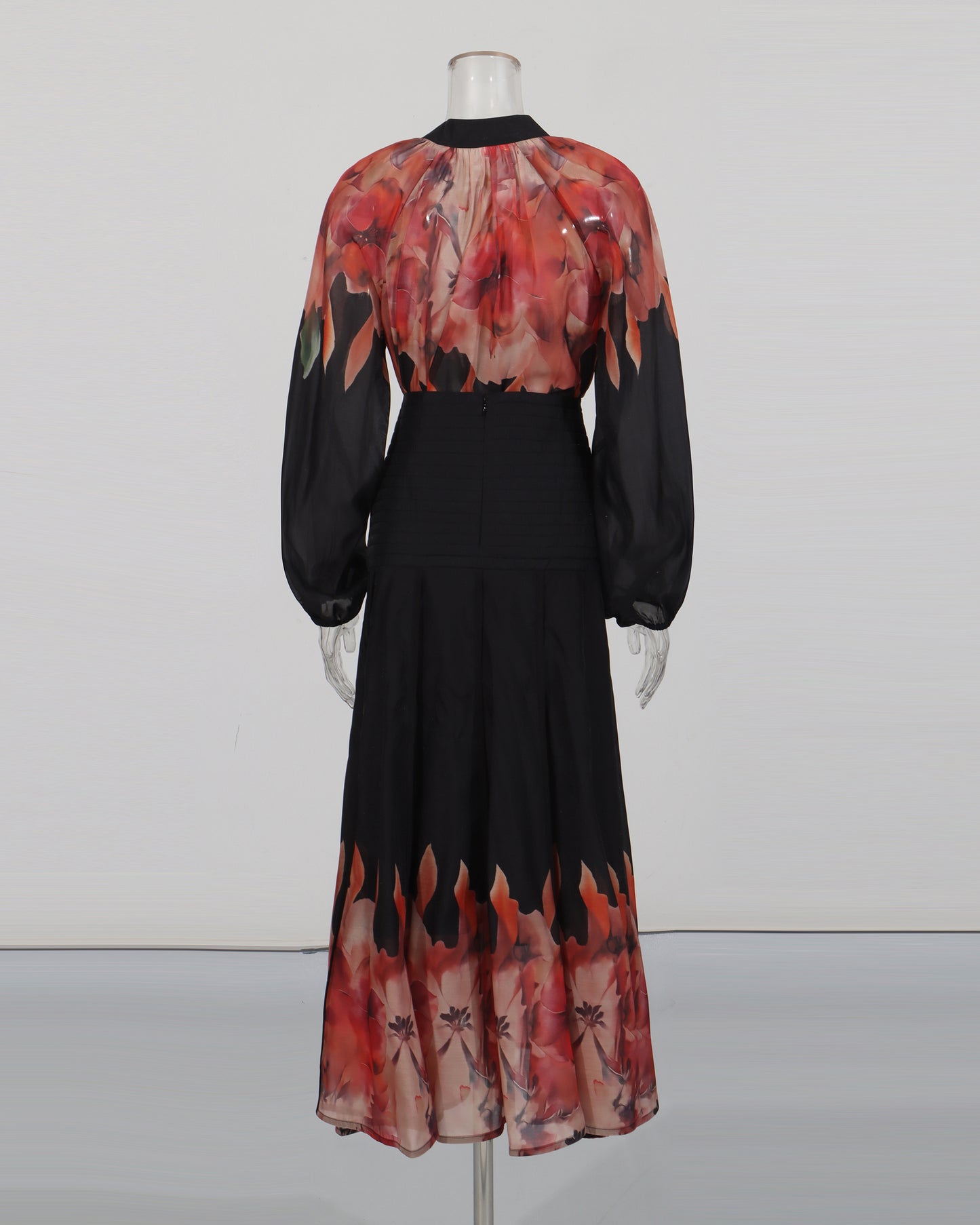 Red Floral Blouse & Black Maxi Skirt Set