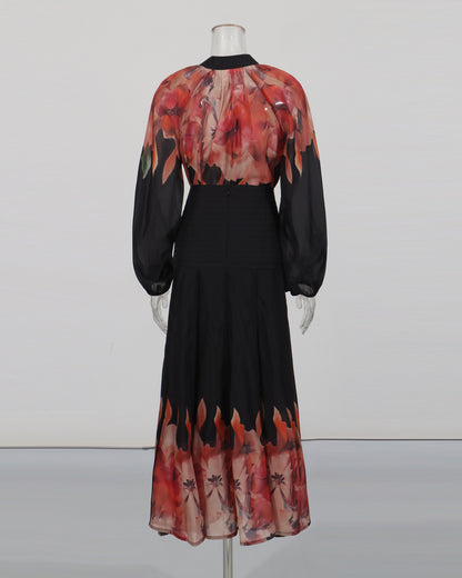 Red Floral Blouse & Black Maxi Skirt Set