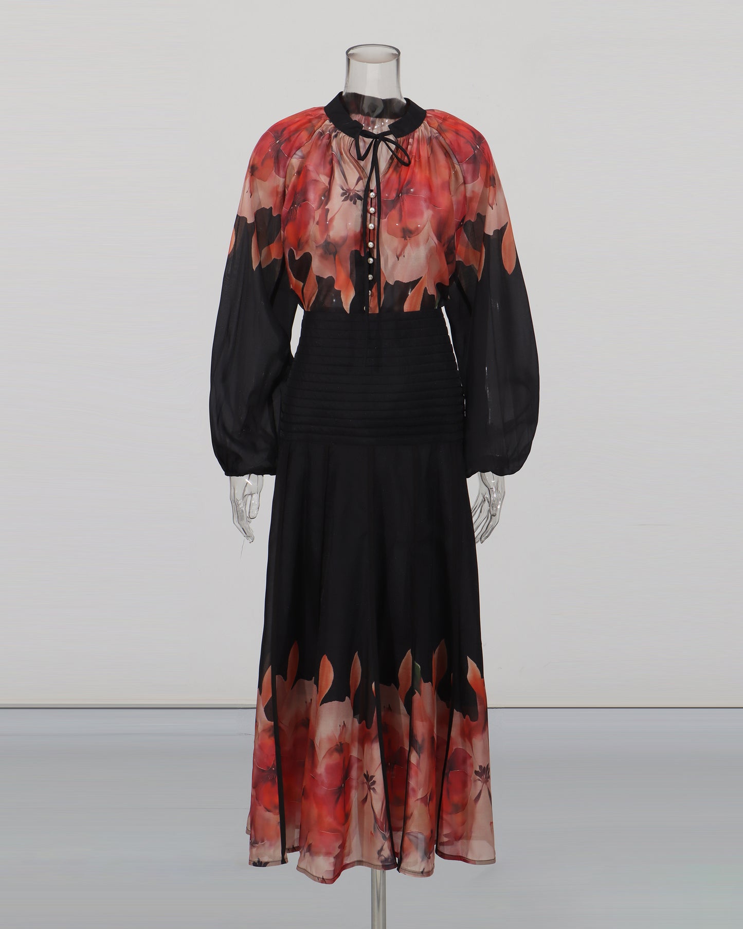 Red Floral Blouse & Black Maxi Skirt Set