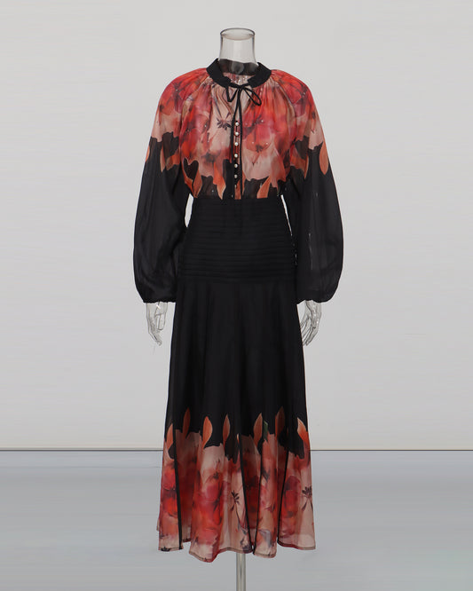 Red Floral Blouse & Black Maxi Skirt Set