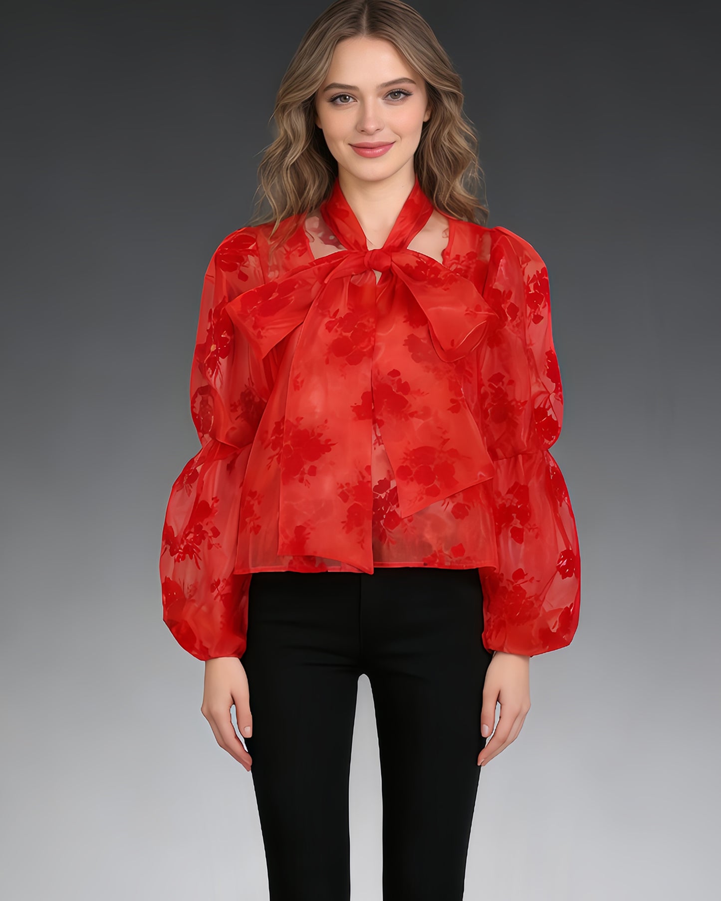 Red Floral Sheer Blouse with Oversized Bow