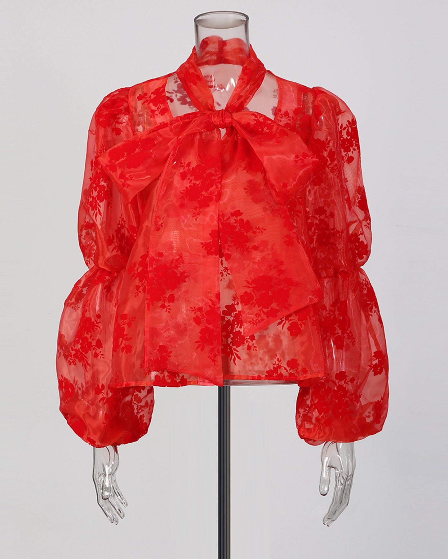 Red Floral Sheer Blouse with Oversized Bow