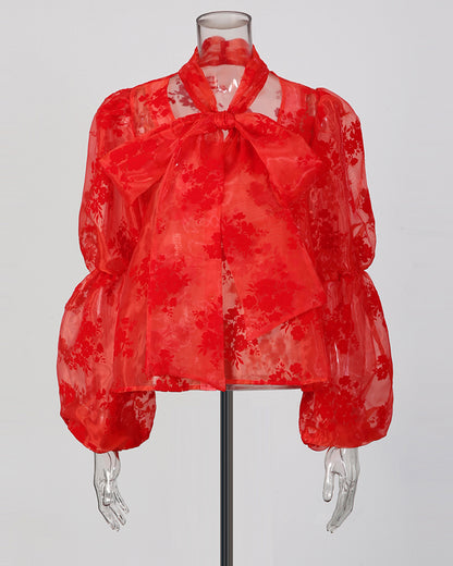 Red Floral Sheer Blouse with Oversized Bow