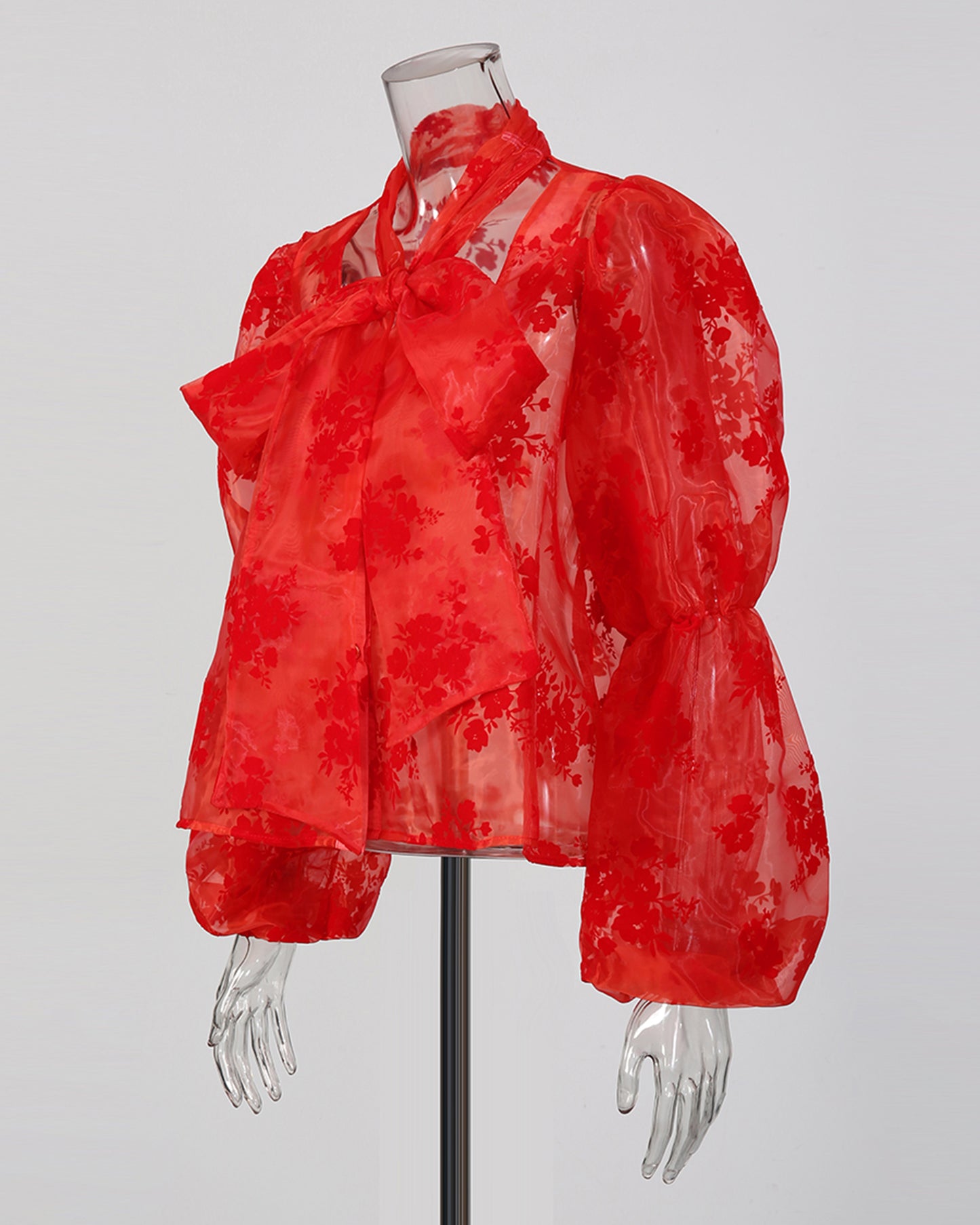 Red Floral Sheer Blouse with Oversized Bow