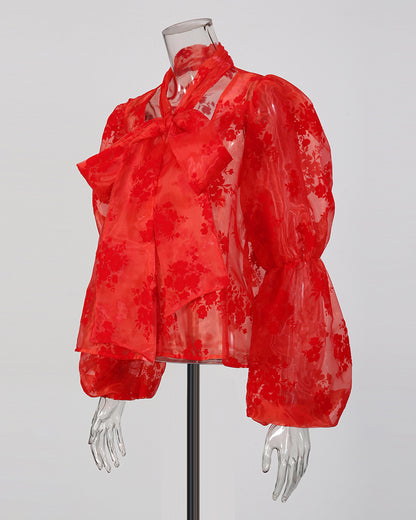 Red Floral Sheer Blouse with Oversized Bow
