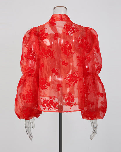 Red Floral Sheer Blouse with Oversized Bow