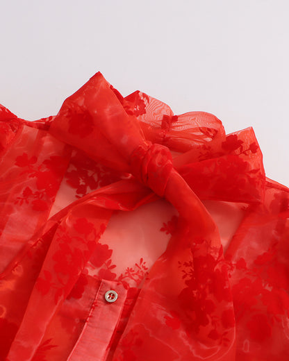Red Floral Sheer Blouse with Oversized Bow
